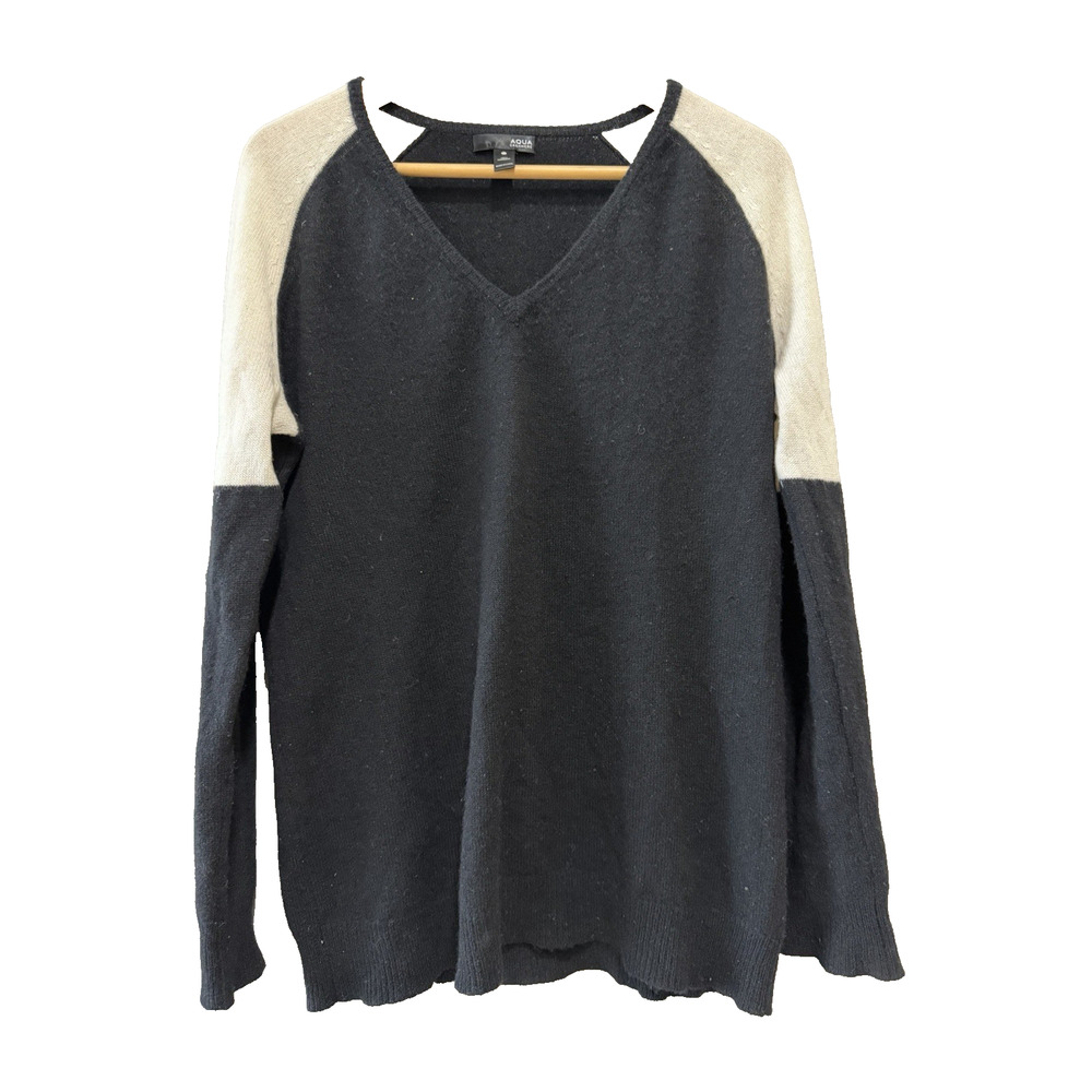 Aqua Cashmere Black and Ivory V Neck Sweater Color Block Design soft lux Sz-M